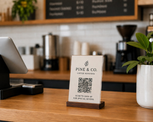 A Jomo QR-code sign on a café counter reading 'Pine & Co. Coffee Roasters — Scan to sign up for special offers,' beside a point-of-sale terminal.